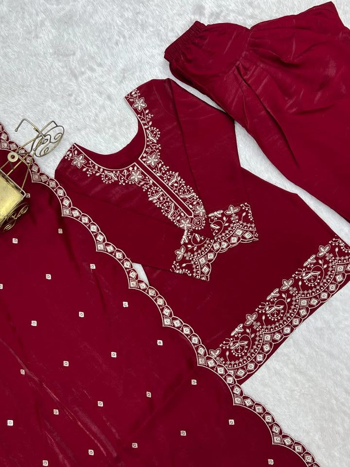 Luxury Embroidered Glass Roman Silk 3-Piece Ready-to-Wear Farshi Shalwar Suit – Maroon – view 11