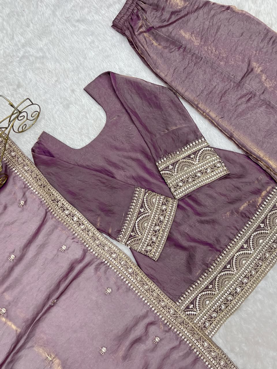 Purple Luxury Embroidered Frendy Silk 3-Piece Ready-to-Wear Suit – view 2