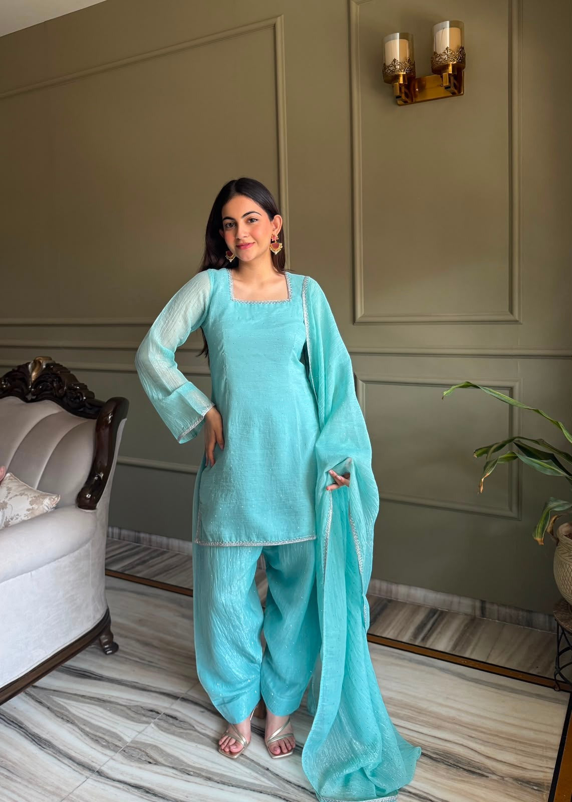 Inaaya Store light blue crunchy silk 3-piece farshi shalwar suit with siroski diamond work and fancy lace trim