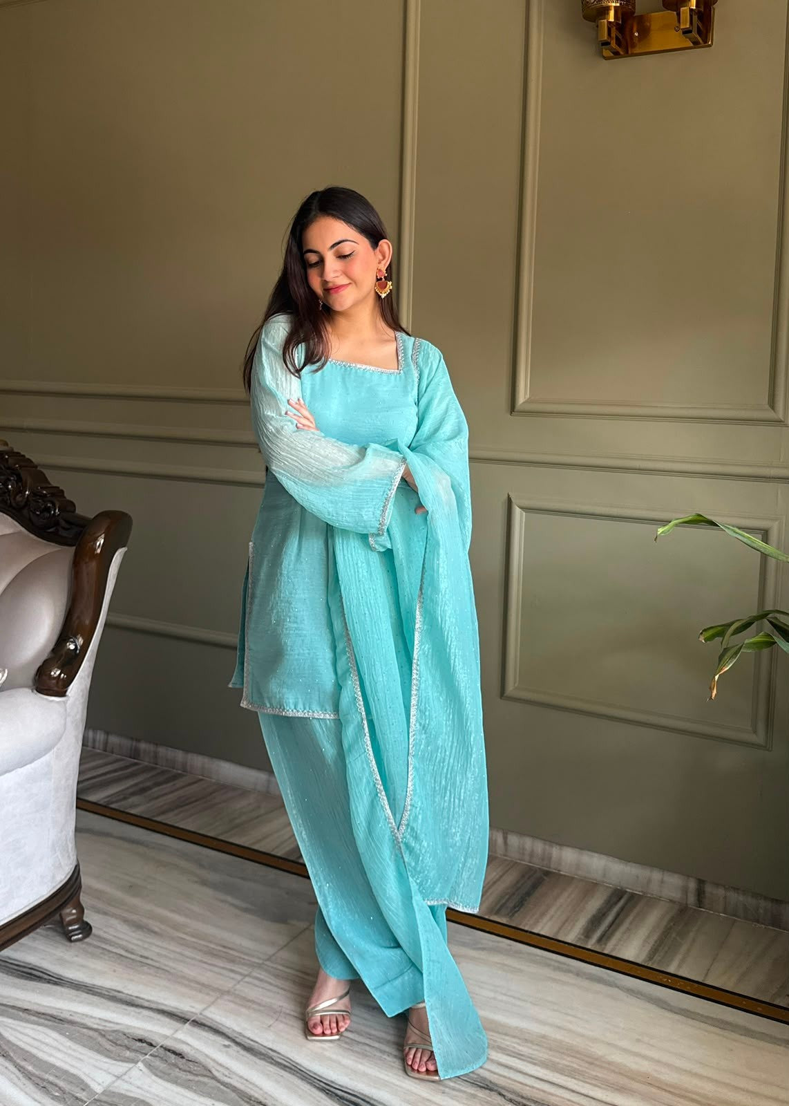 Inaaya Store light blue crunchy silk 3-piece farshi shalwar suit with siroski work and fancy lace trim