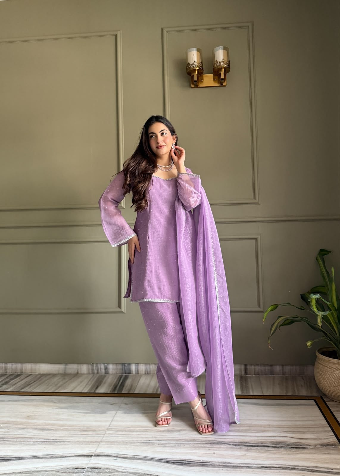 Inaaya Store lavender crunchy silk 3-piece farshi salwar suit with siroski diamond work and fancy lace detailing