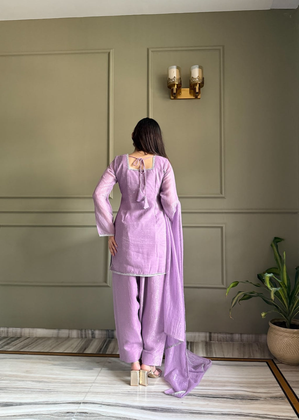 Inaaya Store lavender crunchy silk 3-piece farshi shalwar suit with siroski diamond work and fancy lace detailing