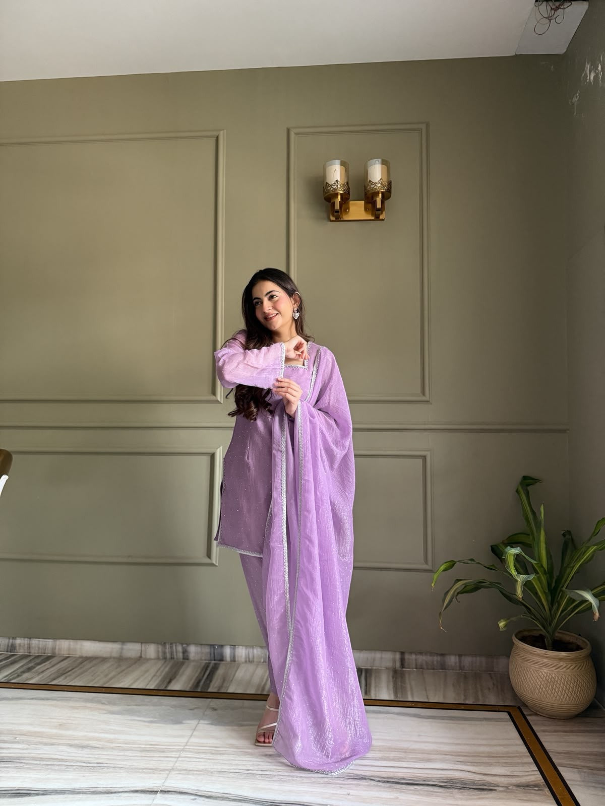 Inaaya Store lavender crunchy silk 3-piece suit with Siroski crystal work and fancy lace trim on kurta and dupatta