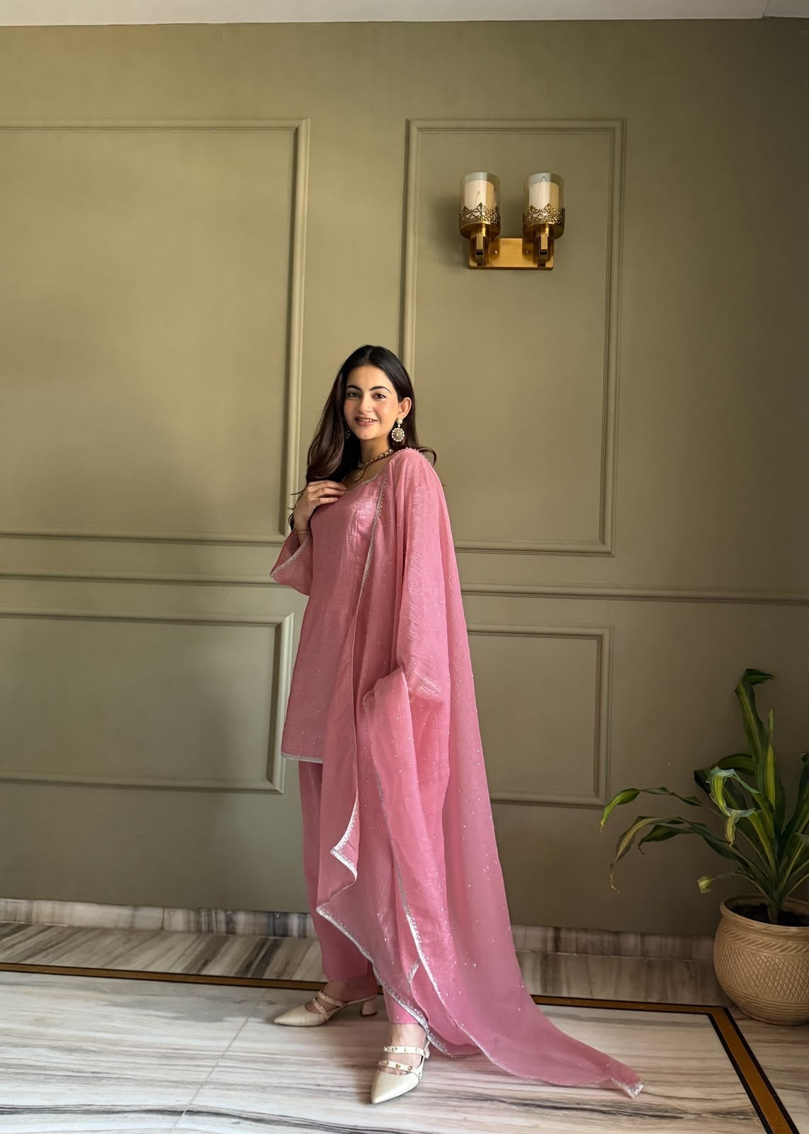 Inaaya Store pink crunchy silk Farshi Shalwar 3-piece suit with Siroski crystal work and fancy lace trim