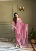 Inaaya Store pink crunchy silk 3-piece farshi shalwar suit with siroski diamond work and fancy lace trim