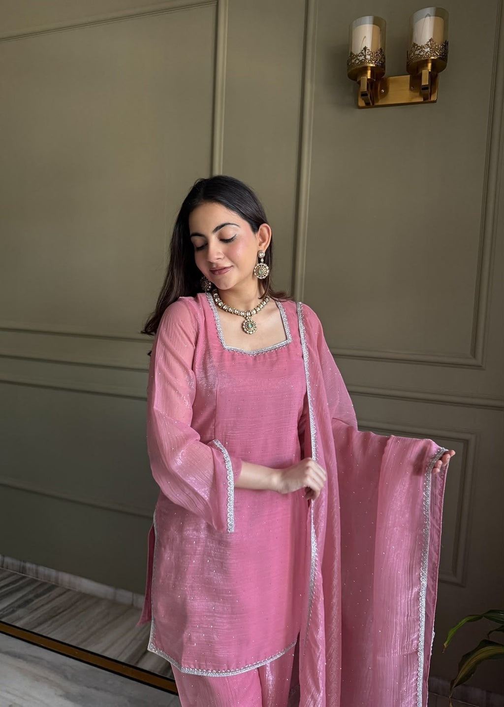 Inaaya Store pink crunchy silk 3-piece suit with Siroski crystal work and fancy lace trim on kurta and dupatta