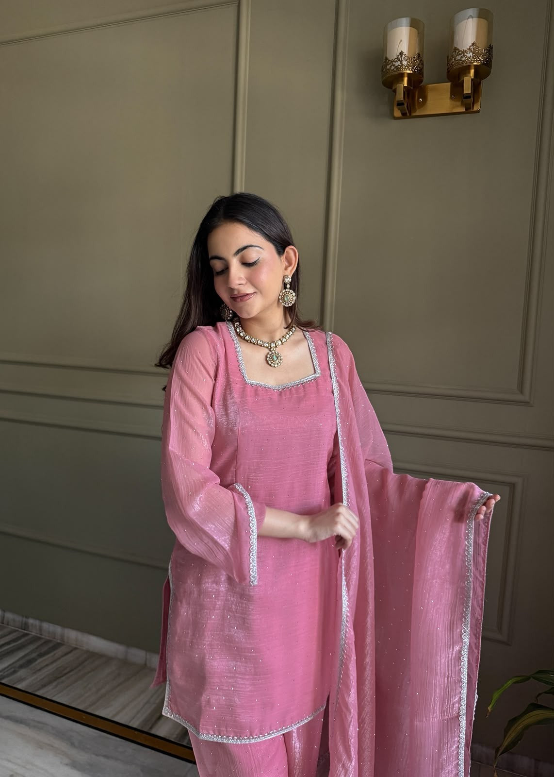 Inaaya Store pink crunchy silk 3-piece suit with Siroski crystal work and fancy lace trim on kurta and dupatta