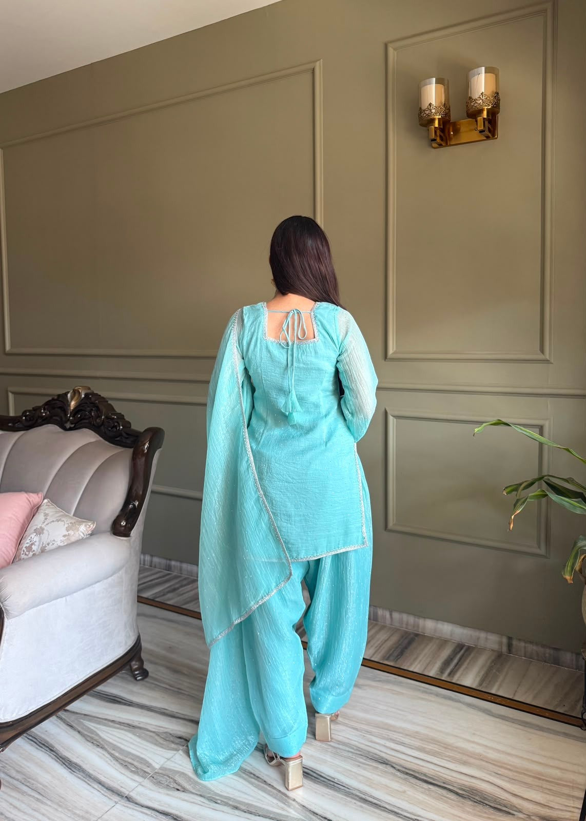 Inaaya Store turquoise crunchy silk Farshi Shalwar 3-piece suit with Siroski work and fancy lace detailing
