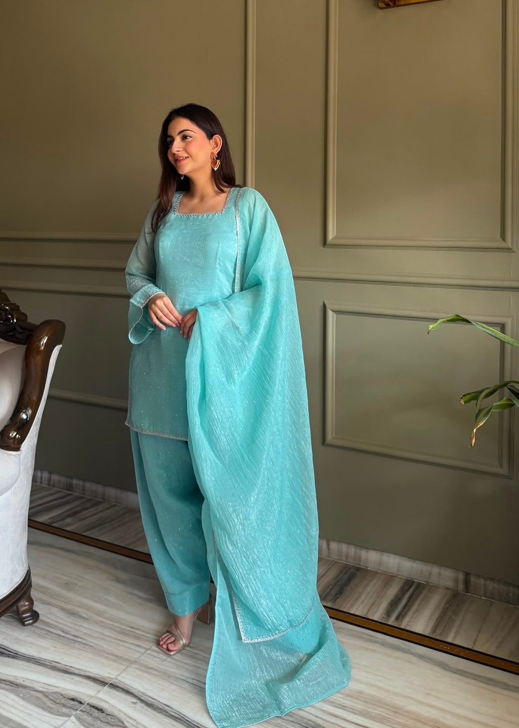 Inaaya Store turquoise crunchy silk 3-piece farshi shalwar suit with siroski diamond work and fancy lace detailing