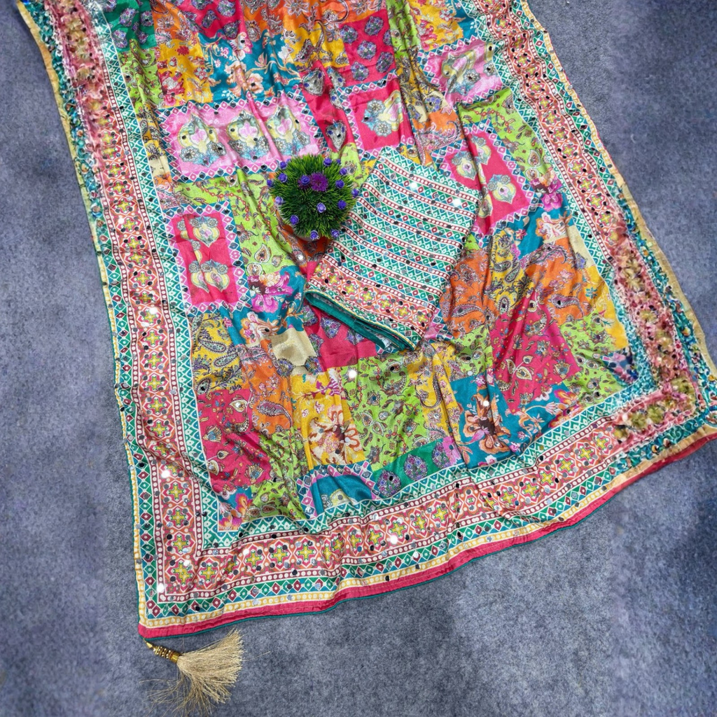 Chinon Silk Saree With Piping Border Latkan Tassels & Authentic Mirror Work Collection For Women