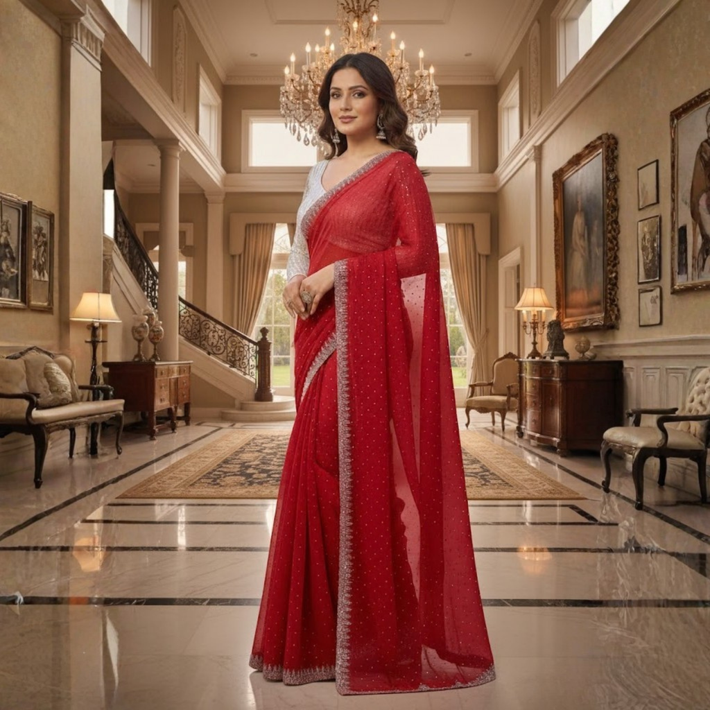 Georgette Saree with Blouse and Diamond Work For Women
