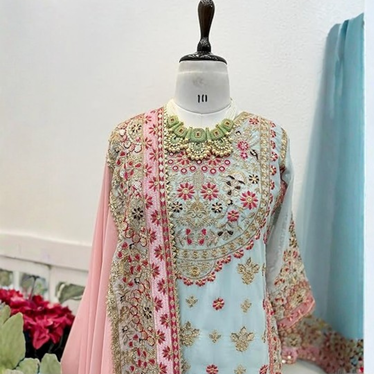Pink & Sea Green Embroidery 3Pcs Suit  For Women 003