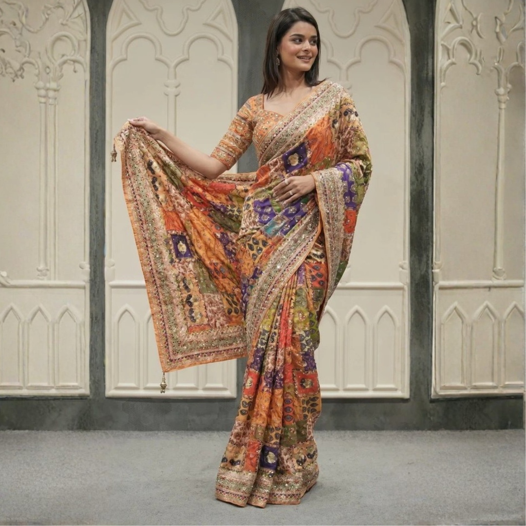 Designer Yellow Blouse Chinon Silk Saree Collection For Women