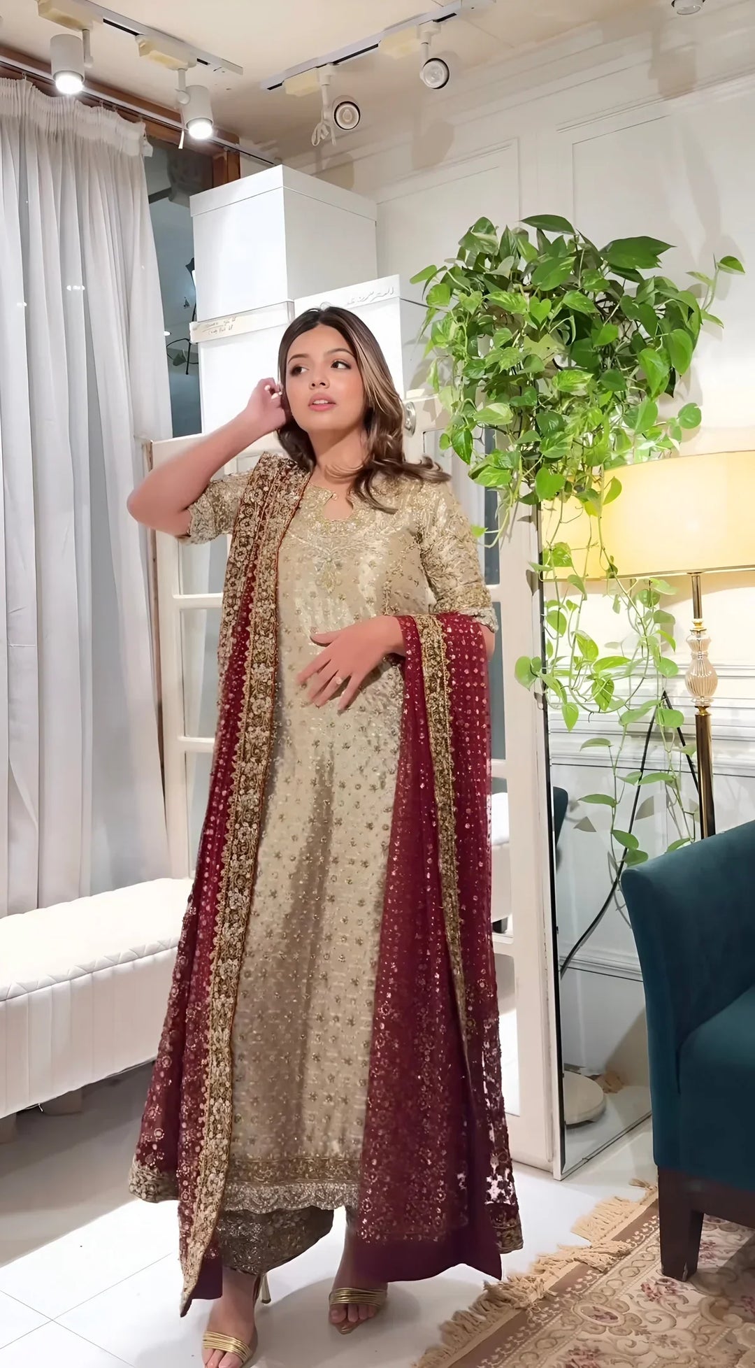 Shimmering Gold &amp; Deep Maroon Embroidered 03-Piece Suit | Ready To Wear