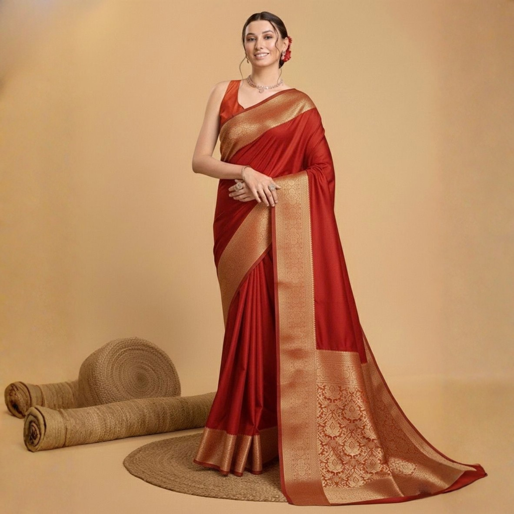 Printed Silk Saree With Contrast Heavy Blouse For Women