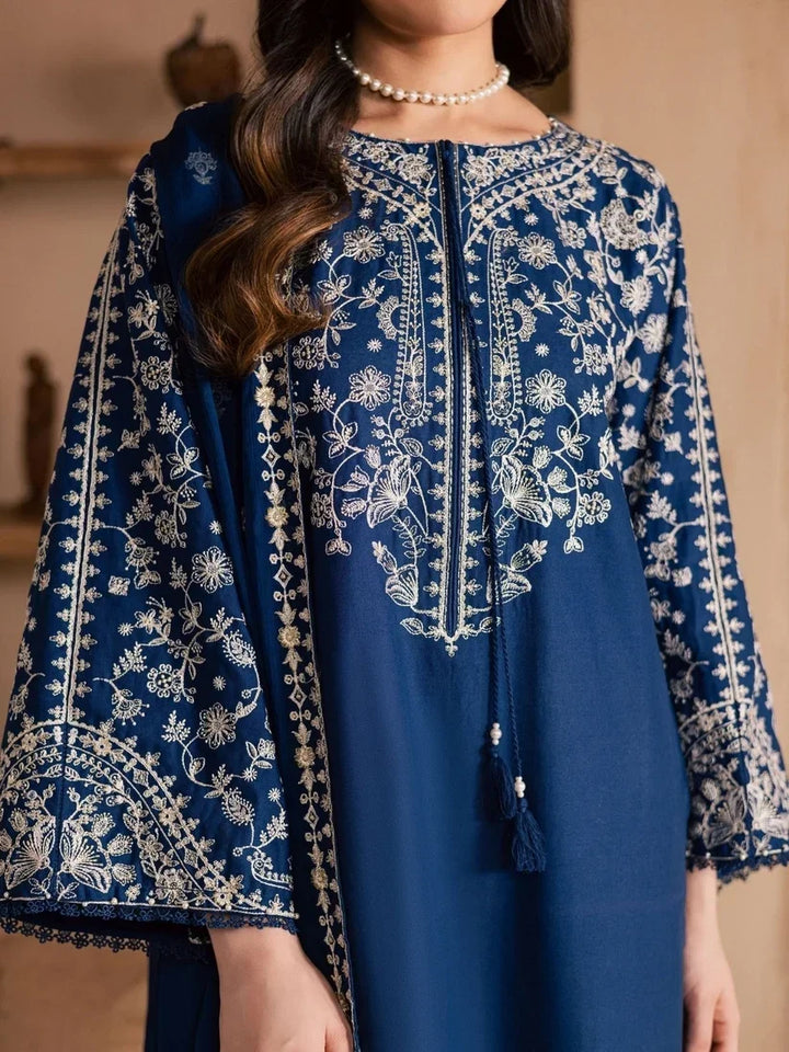 Elegant Embroidered Egyptian Cotton 3-Piece Suit with Chiffon Dupatta | Ready to Wea