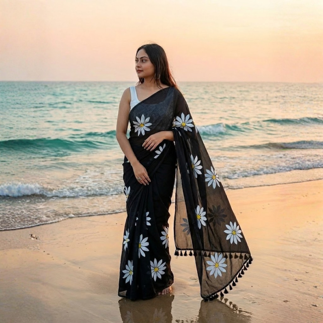 Printed Cotton Saree Collection  With Fumka Border  For  Women