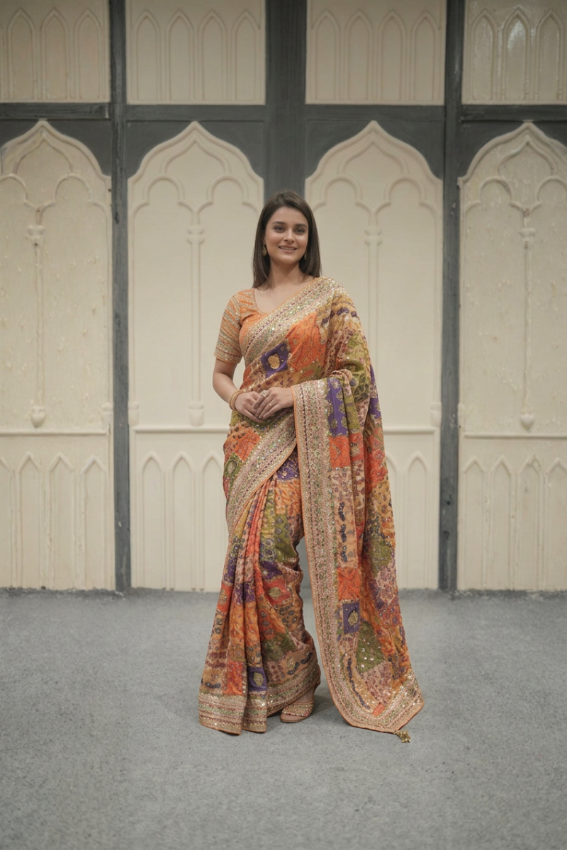 Designer Yellow Blouse Chinon Silk Saree Collection For Women