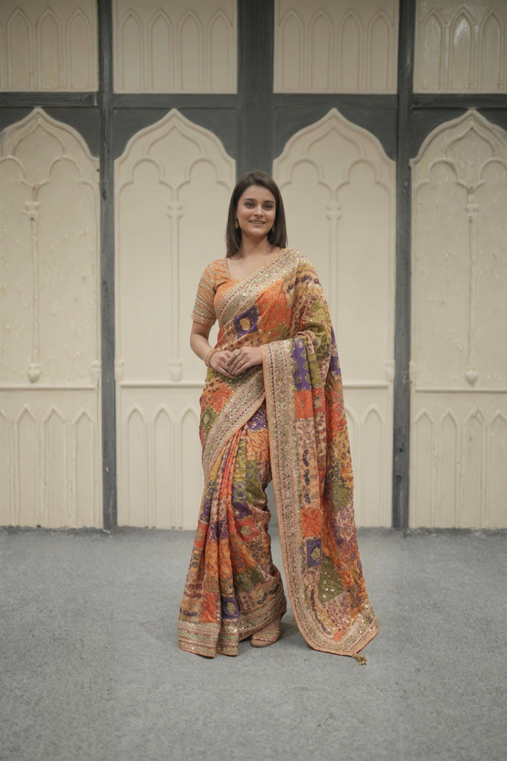 Designer Yellow Blouse Chinon Silk Saree Collection For Women