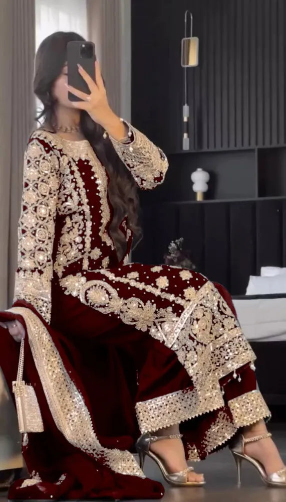 Heavy Sequence Embroidery with Revet Work Suit