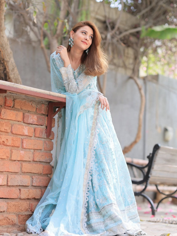 Heavy Embroidered Net 3-Piece Suit with Adda Work &amp; Sequin Embroidery | Ready to Wear
