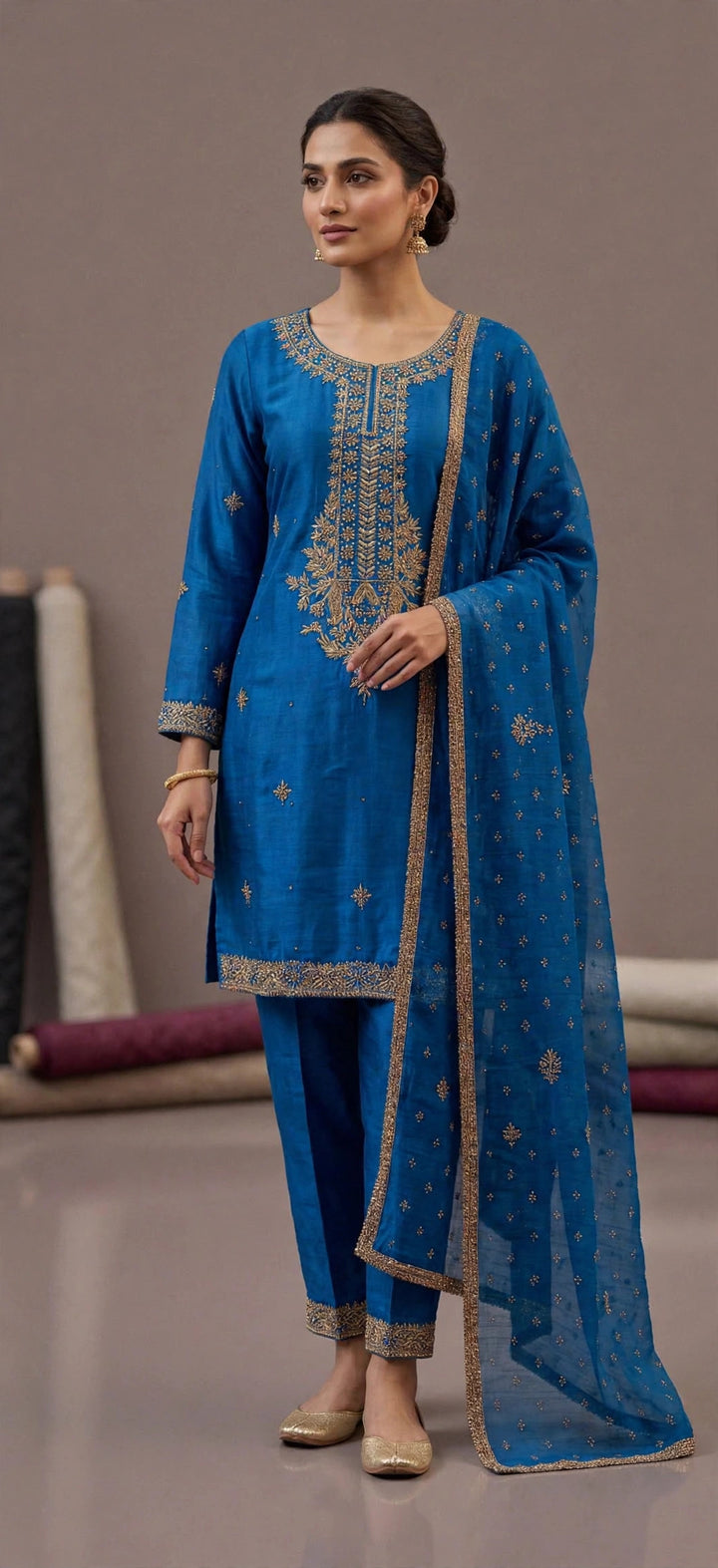 Blue Sheesha Silk 3-Piece Formal Suit - front (generated colour photo)