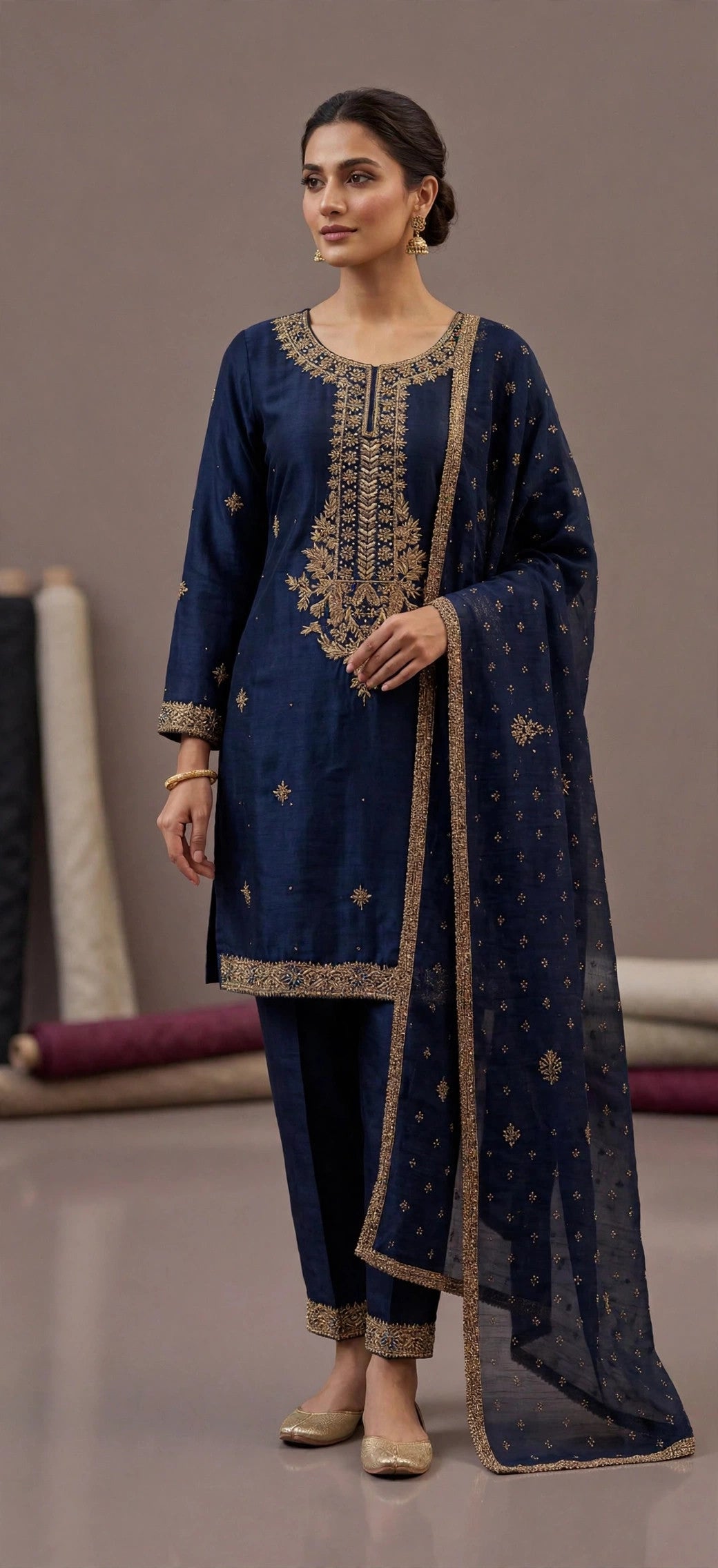 Navy Blue Sheesha Silk 3-Piece Formal Suit - front (generated colour photo)