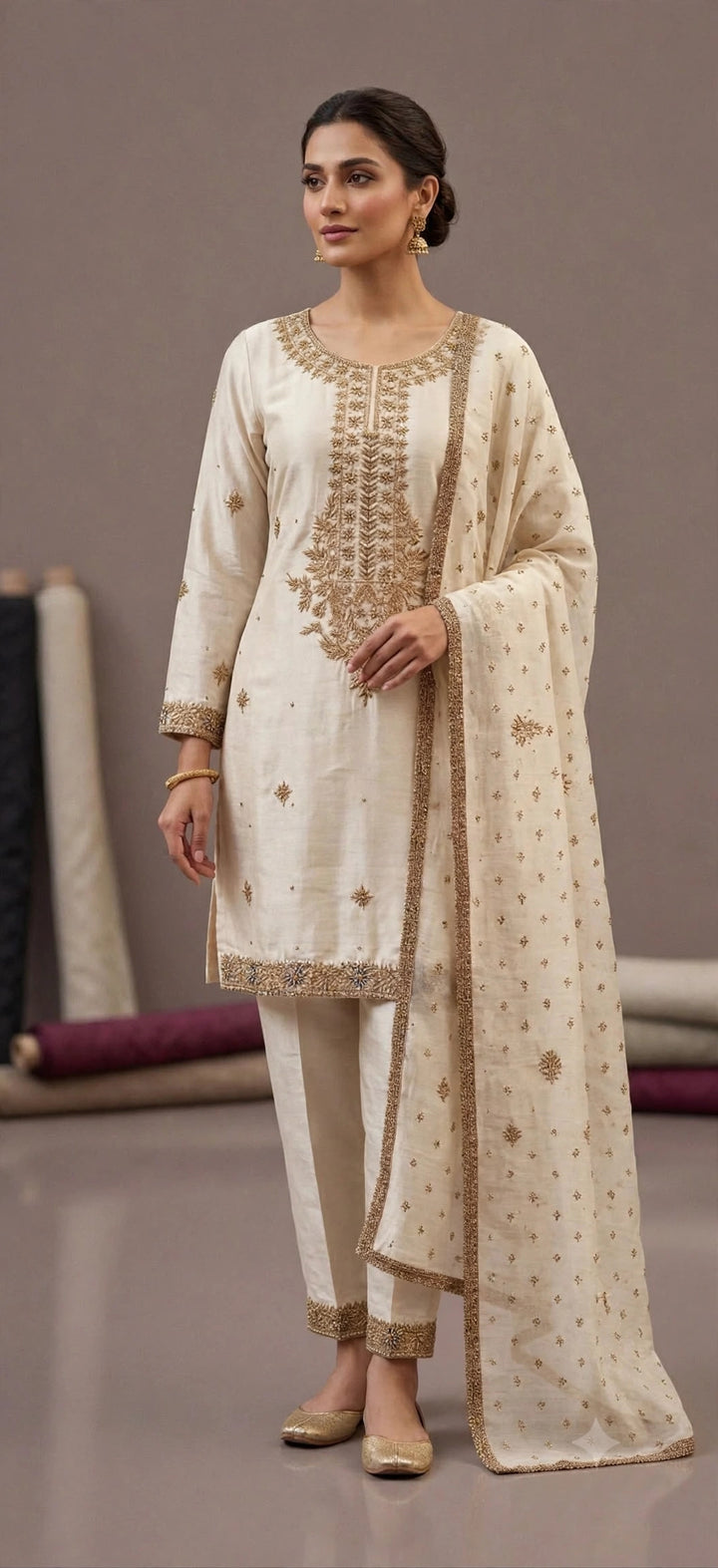 Off White Sheesha Silk 3-Piece Formal Suit - front (generated colour photo)