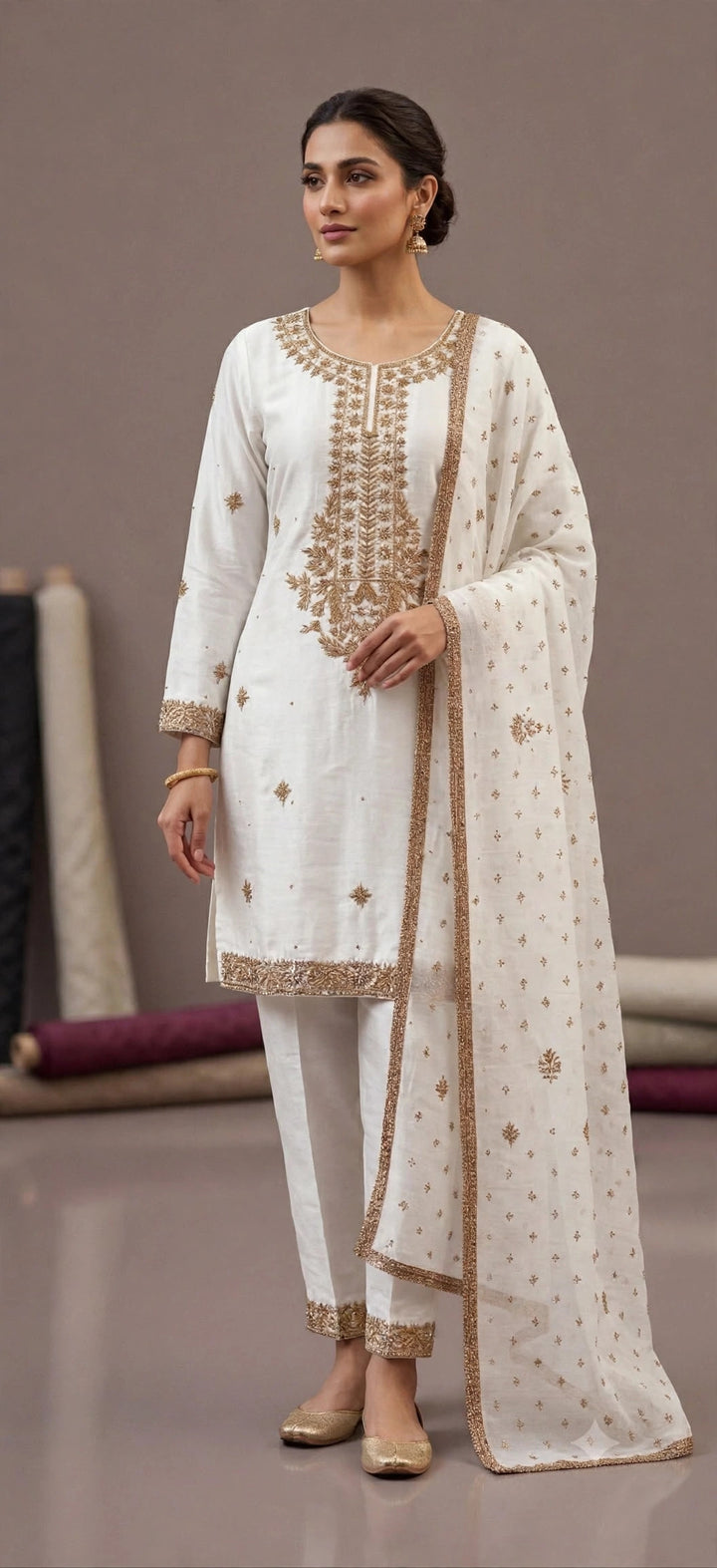 White Sheesha Silk 3-Piece Formal Suit - front (generated colour photo)
