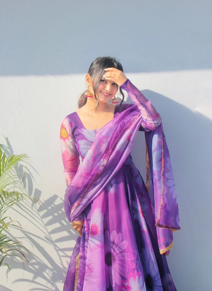 Elegant Party Wear Organza Taby Silk Gown with Dupatta