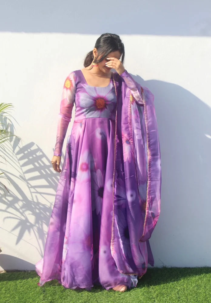 Elegant Party Wear Organza Taby Silk Gown with Dupatta