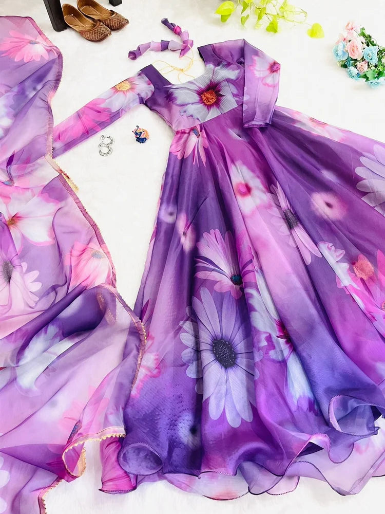 Elegant Party Wear Organza Taby Silk Gown with Dupatta