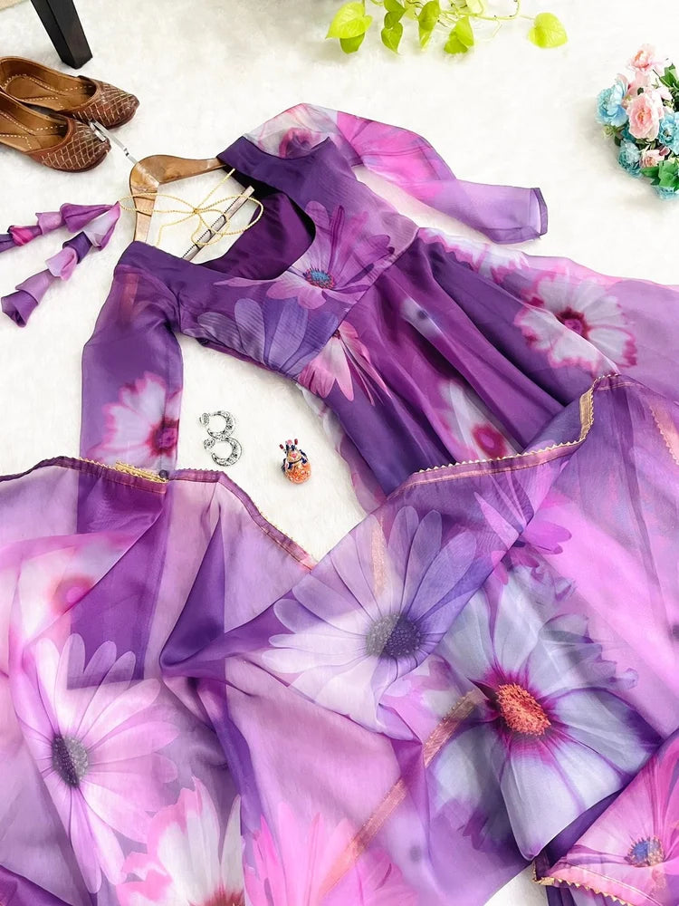 Elegant Party Wear Organza Taby Silk Gown with Dupatta