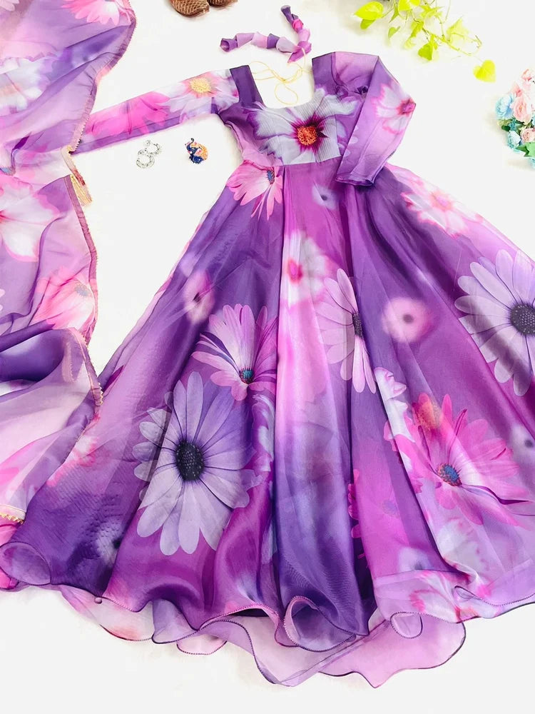 Elegant Party Wear Organza Taby Silk Gown with Dupatta