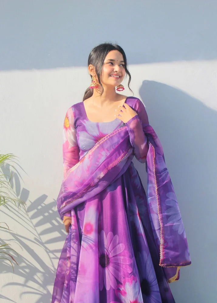 Elegant Party Wear Organza Taby Silk Gown with Dupatta