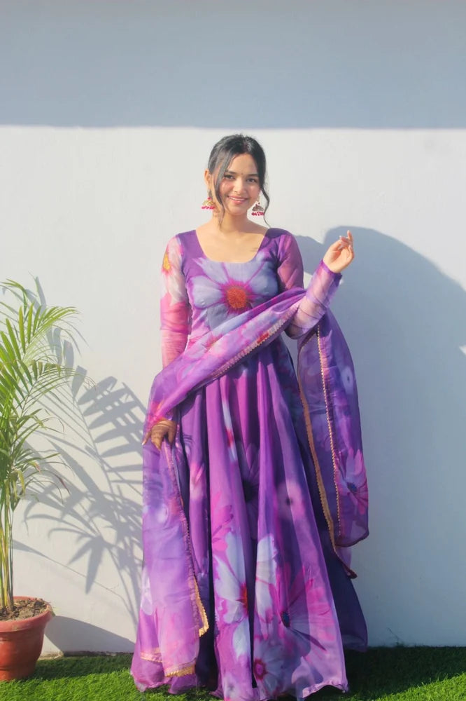 Elegant Party Wear Organza Taby Silk Gown with Dupatta