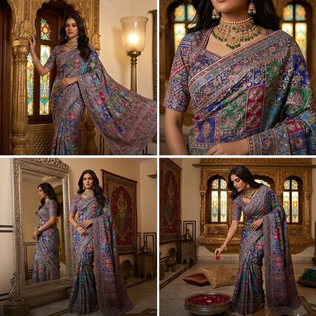 Designer Chinon Silk Saree With Piping Border Latkan Tassels  &  Mirror Work  Collection For Women