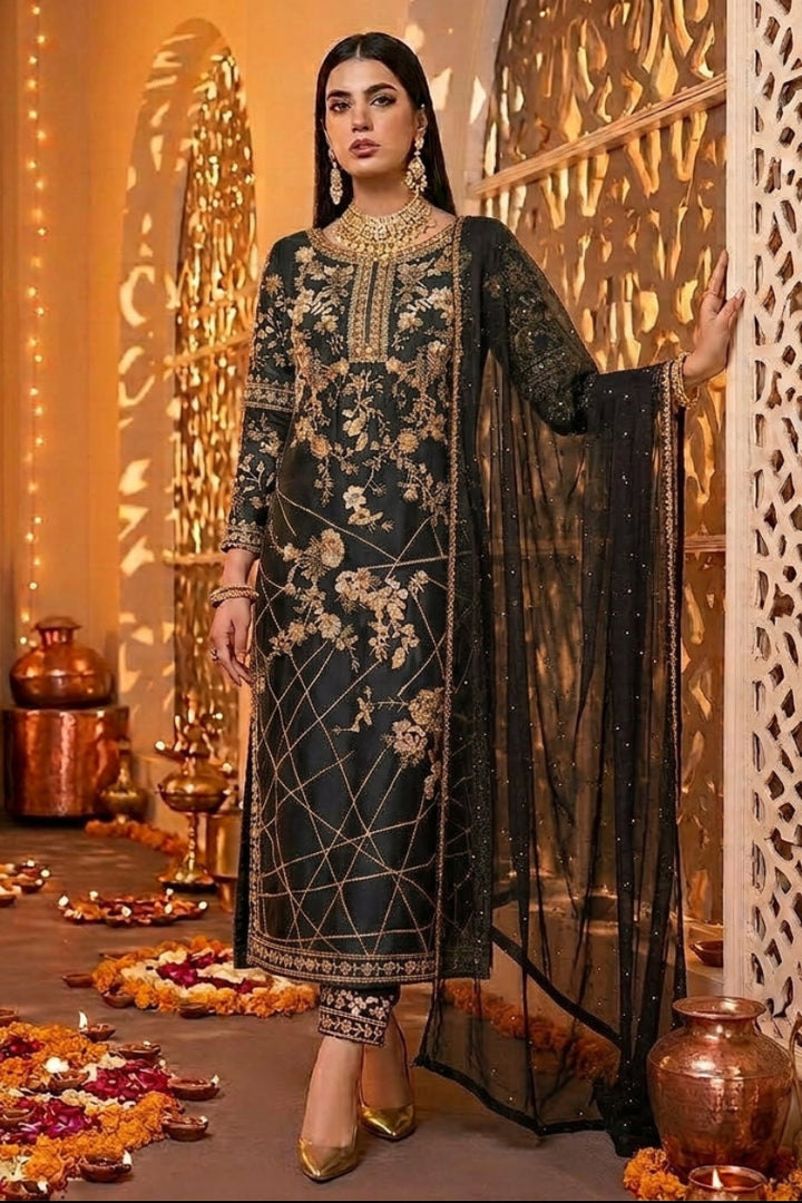 Bollywood Indian Anarkali Suit Set Heavy Santoon Embroidery Butterfly Net Dupatta  Party Wear