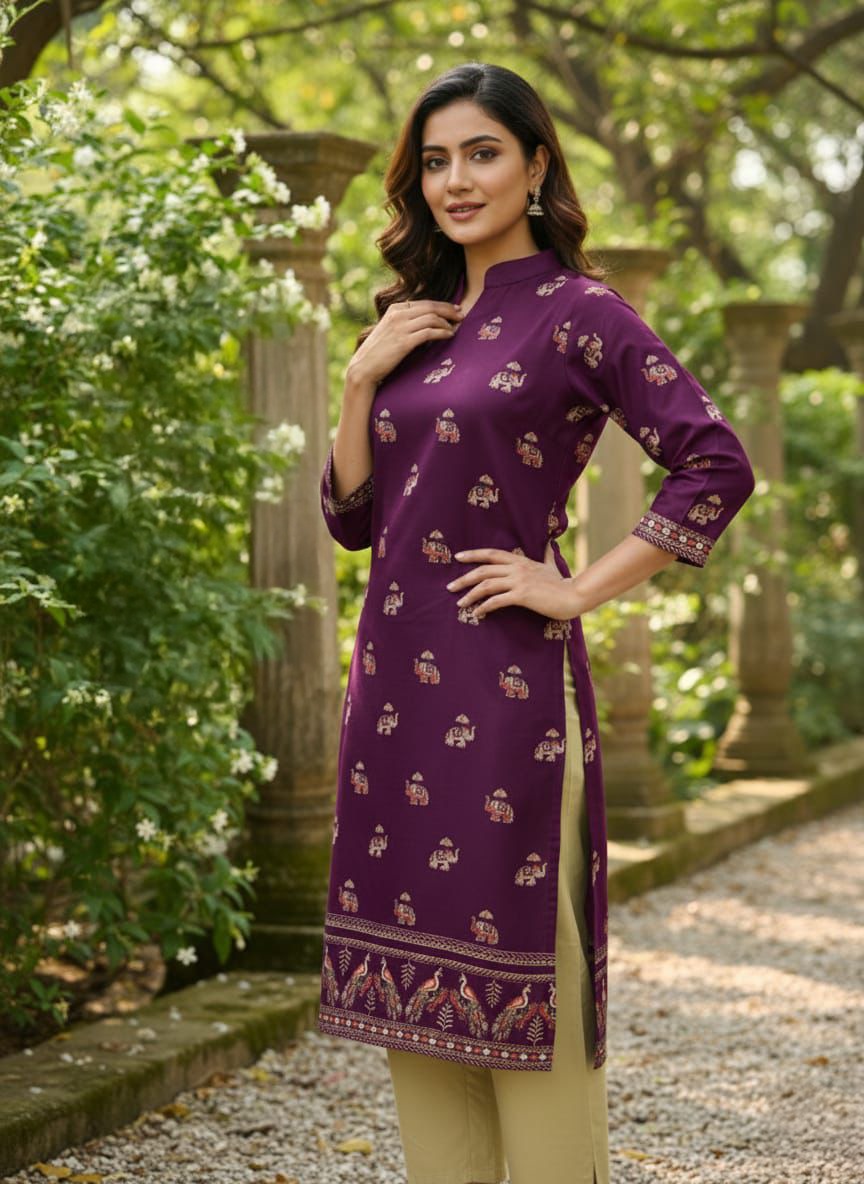 Elegant  Rayon Kurti with Golden Elephant Print and Peacock Border  001