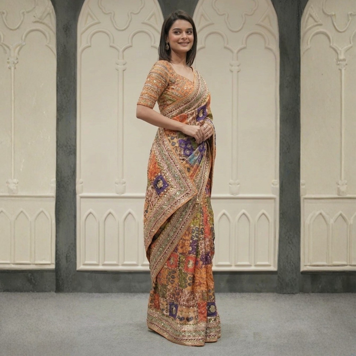 Designer Yellow Blouse Chinon Silk Saree Collection For Women