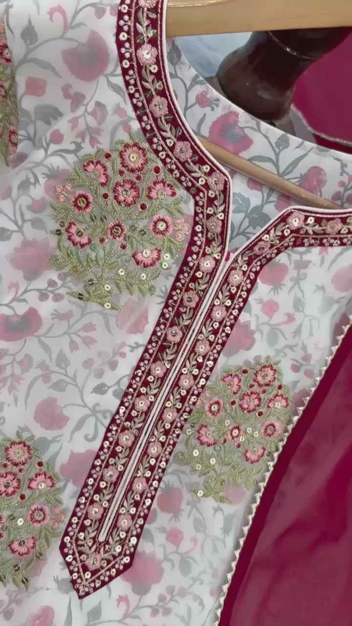 Embroidered Georgette Top with Crepe Palazzo