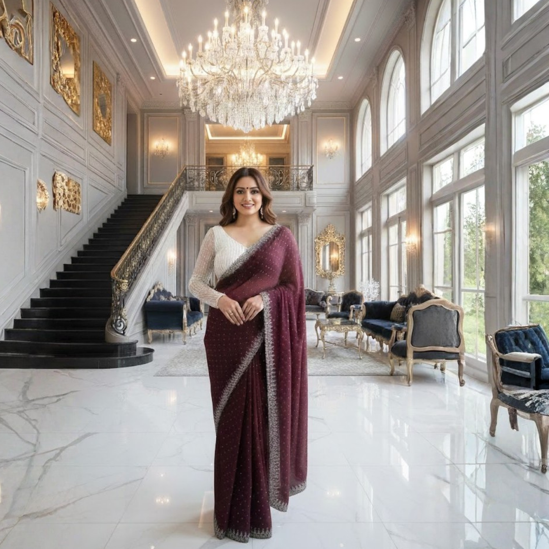 Georgette Saree with Blouse and Diamond Work For Women