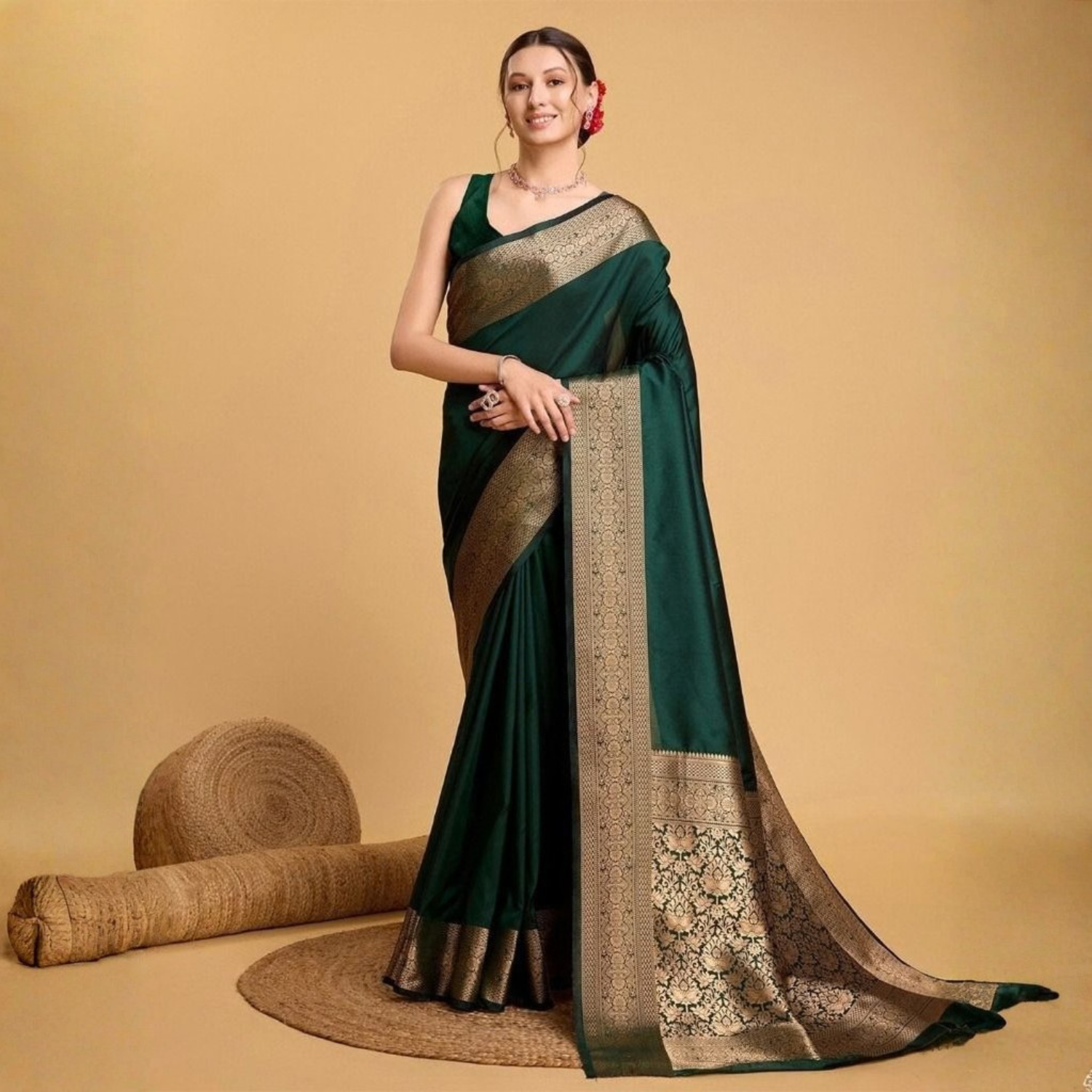 Printed Silk Saree With Contrast Heavy Blouse For Women