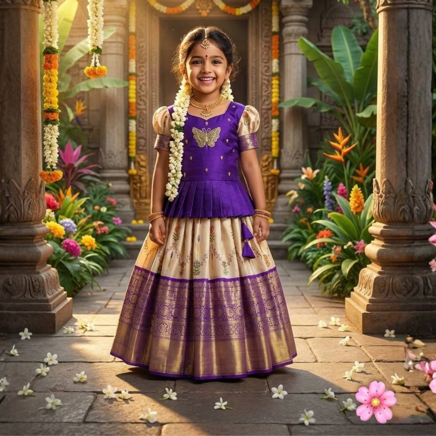 Premium Jacquard Pure Zari Weaving Work Lehenga For Kids