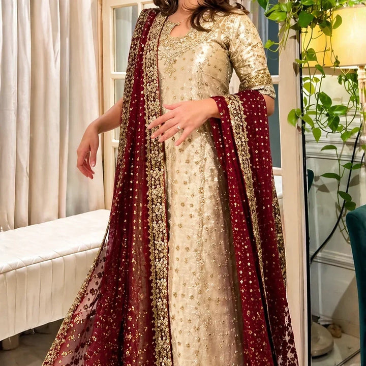 Shimmering Gold &amp; Deep Maroon Embroidered 03-Piece Suit | Ready To Wear