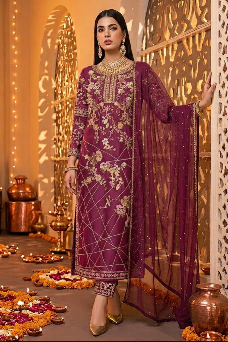 Bollywood Indian Anarkali Suit Set Heavy Santoon Embroidery Butterfly Net Dupatta  Party Wear