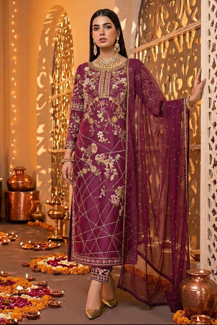 Bollywood Indian Anarkali Suit Set Heavy Santoon Embroidery Butterfly Net Dupatta  Party Wear