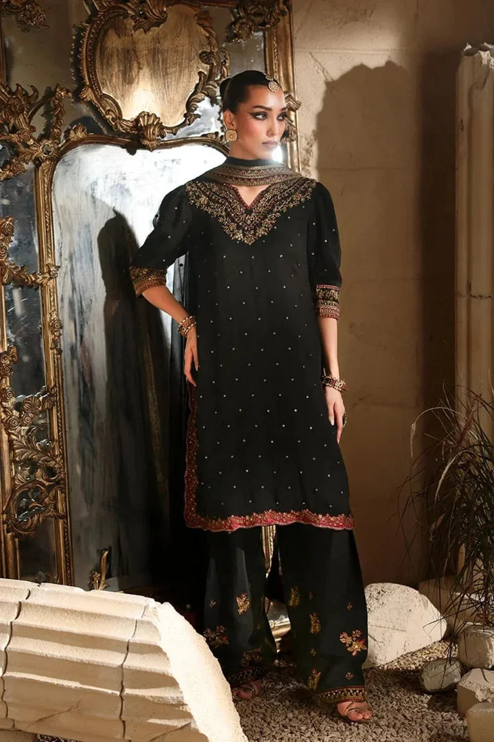 Onyx Black &amp; Metallic Gold: Embroidered Chiffon Suit | Ready To Wear