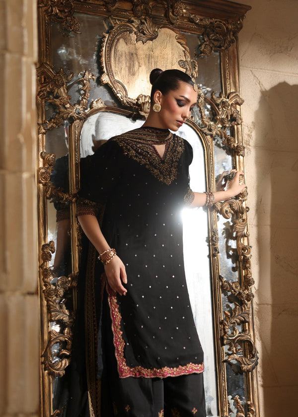 Onyx Black &amp; Metallic Gold: Embroidered Chiffon Suit | Ready To Wear