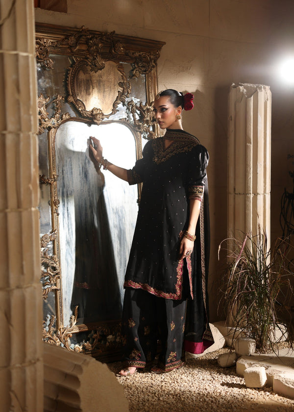 Onyx Black &amp; Metallic Gold: Embroidered Chiffon Suit | Ready To Wear
